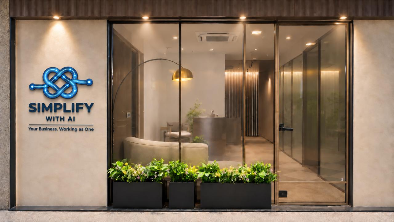 Simplify with AI office entrance with the illuminated company sign